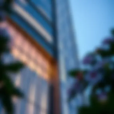 Close-up of the facade of The Palladium Tower highlighting modern design elements