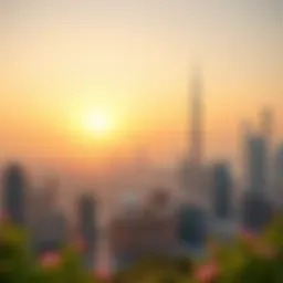 Panoramic view of Dubai skyline in spring