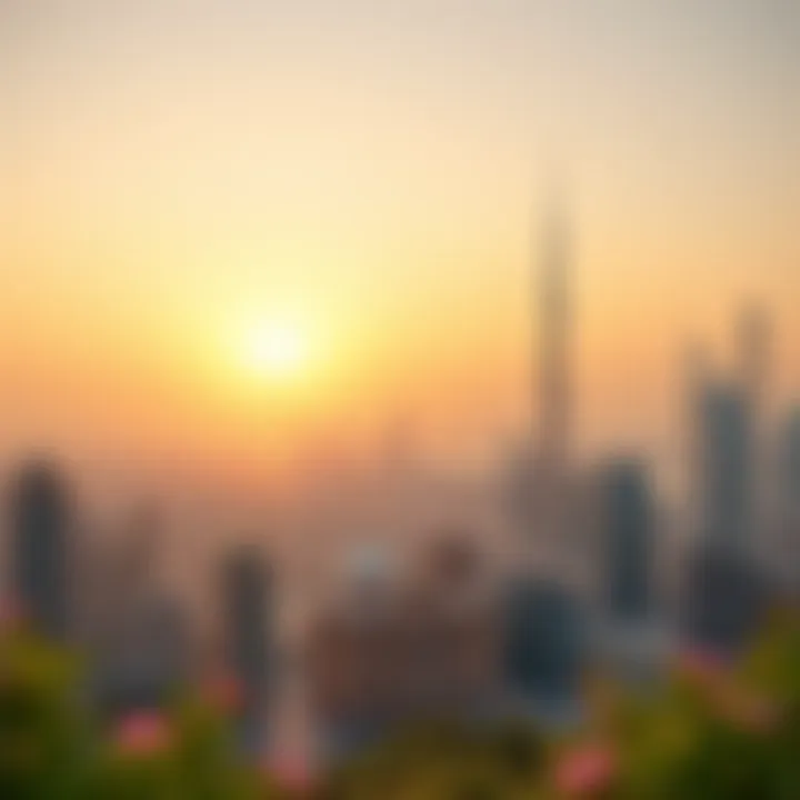 Panoramic view of Dubai skyline in spring