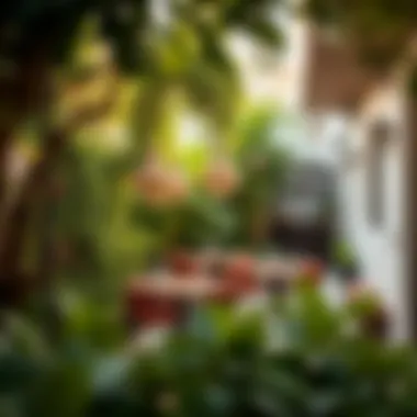 Tranquil Outdoor Ambiance Charming outdoor seating area surrounded by lush greenery in Umm Suqeim