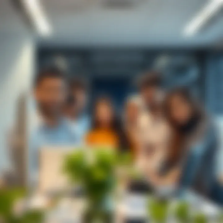 A diverse group of expatriates engaged in a workplace setting